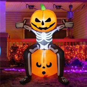 Halloween Inflatables 5FT Skull Skeleton Pumpkin Head with Built-in LEDs